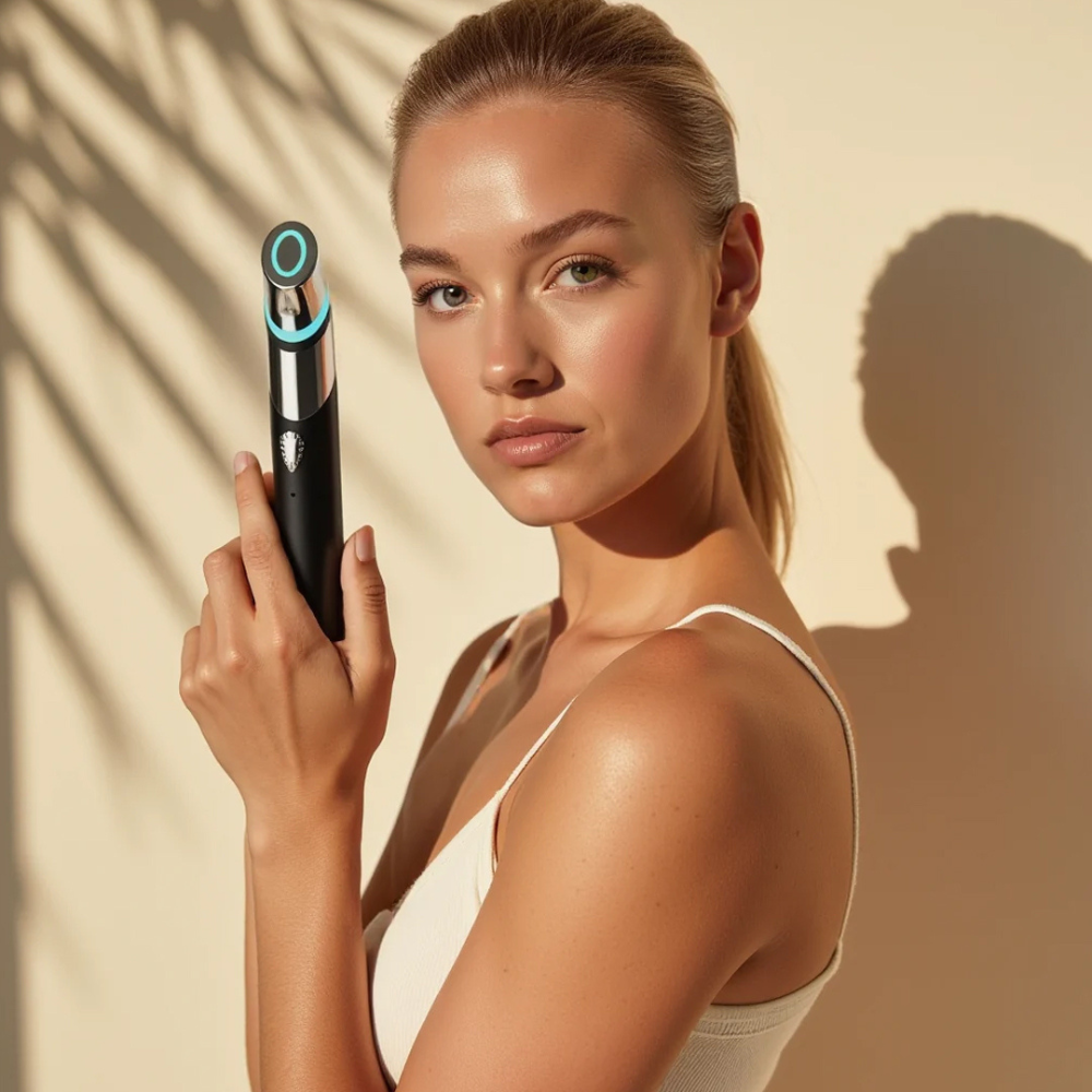 Distribuidores de tecnobelleza. Chica enseñando SKIN REJUVENATION LED LIGHT THERAPY. 